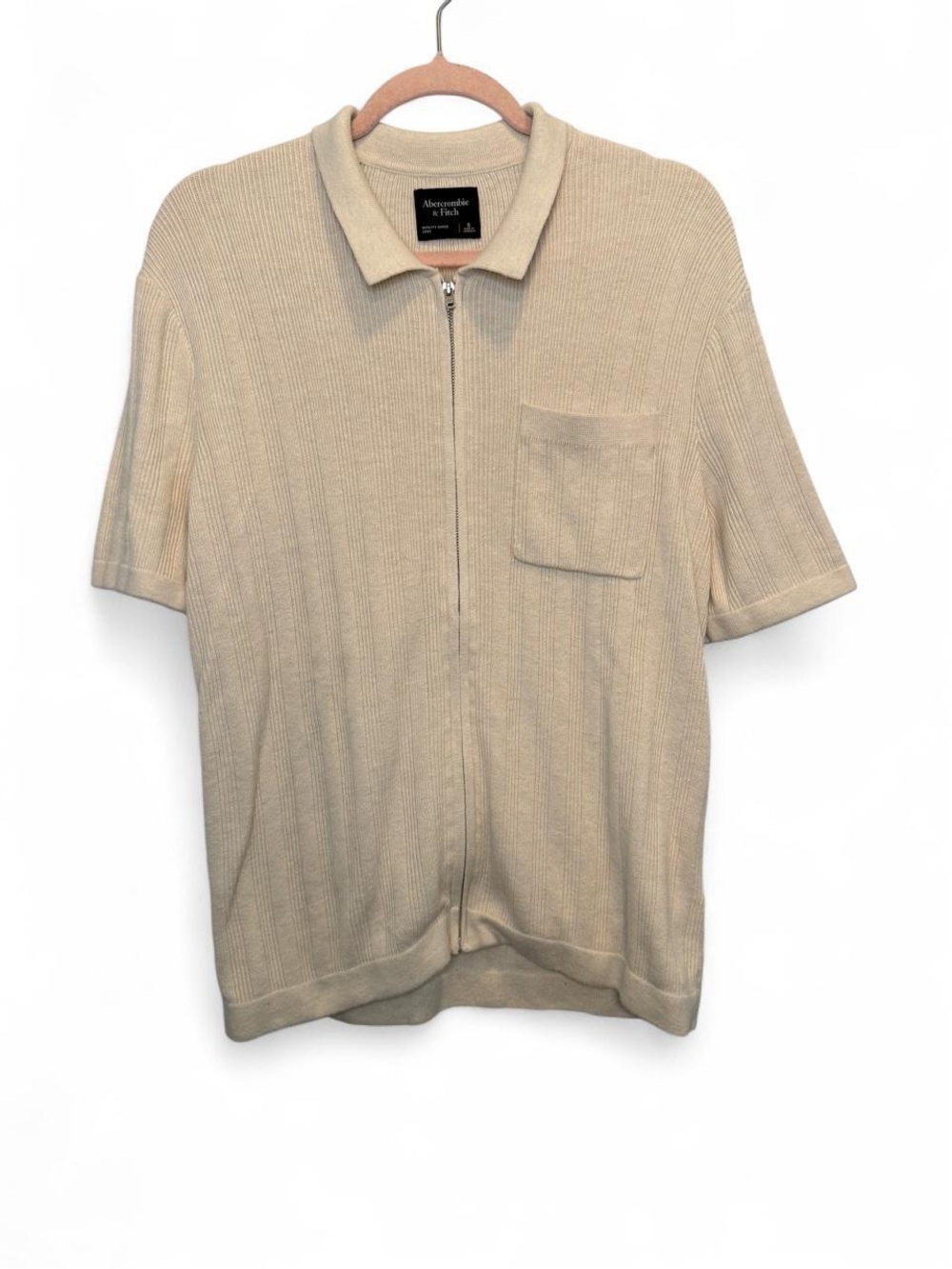 Abercrombie & Fitch Men’s Ribbed Full Zip Sweater Polo Cream Beige Small Retro